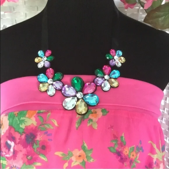 💖See New Listing💖  Multicolor Floral Rhinestone Bib Necklace Flower Crystal - Picture 3 of 9